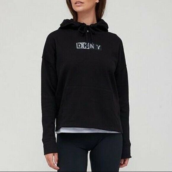 DKNY Sport Black Pigment Dyed Two Tone Logo Distressed Hoodie Women's Large NWT - Picture 1 of 9
